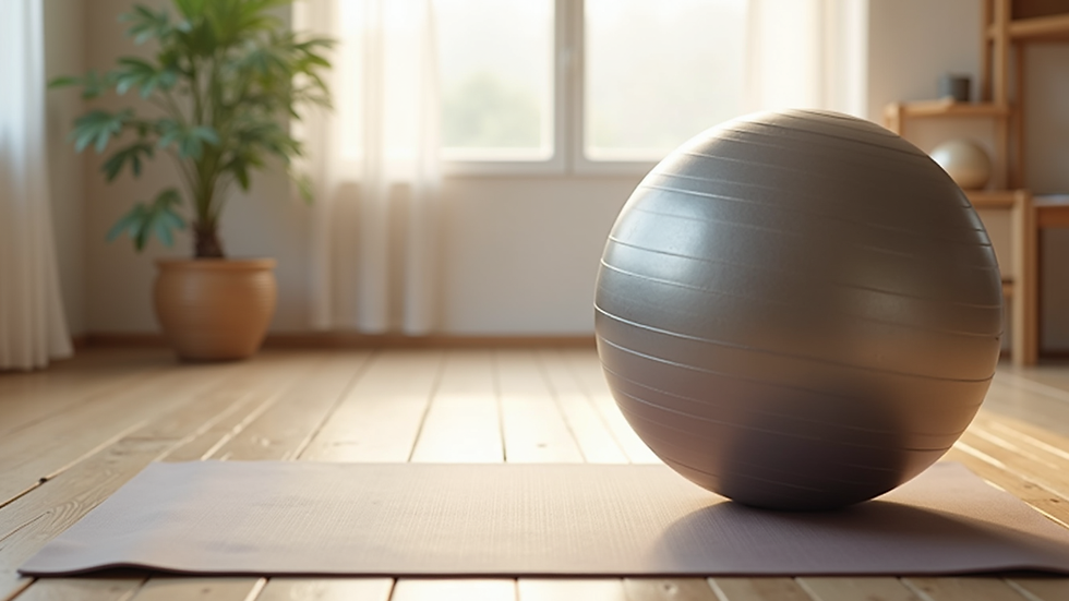 Close-up view of a yoga mat and Pilates ball in a calm studio