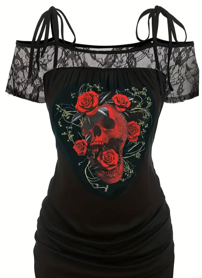 Women’s skull and rose trimmed lace off shoulder top