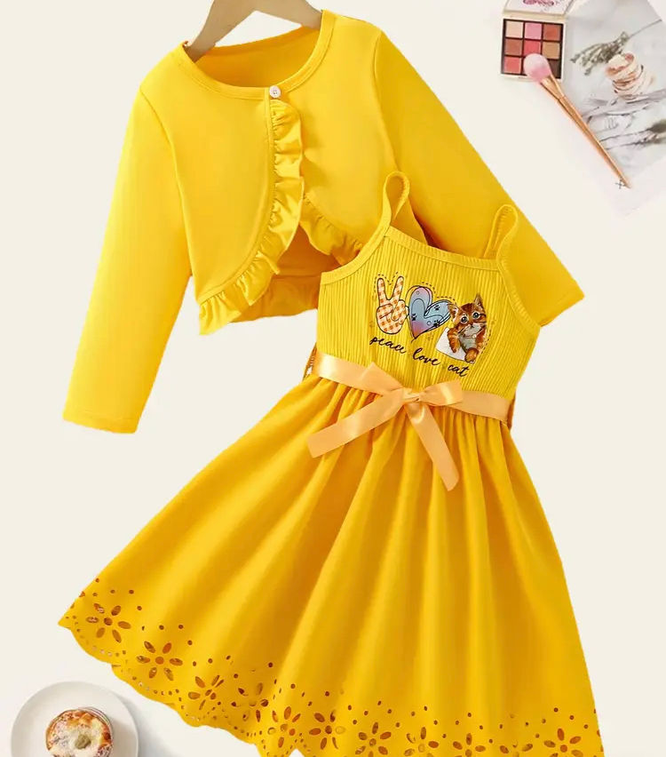 Girls frilly cut out dress with cardigan