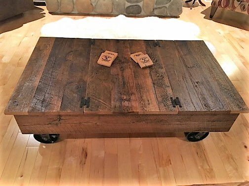 Thumbnail: Reclaimed hemlock wheeled coffee table