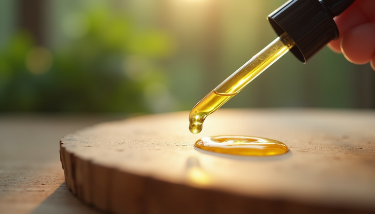 Close-up view of a dropper releasing CBD oil onto a wooden surface with natural light