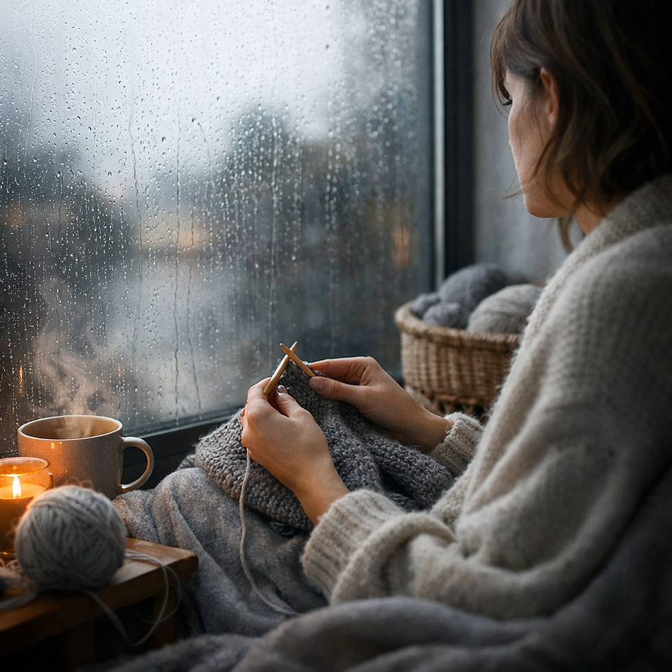 A woman sitting by a window with her knitting