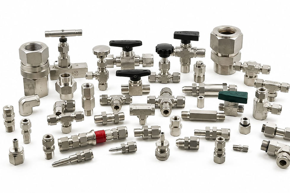 Collection of stainless steel valves and pipe fittings