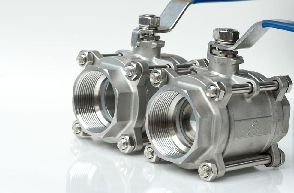 Two industrial stainless steel ball valves with blue handles.