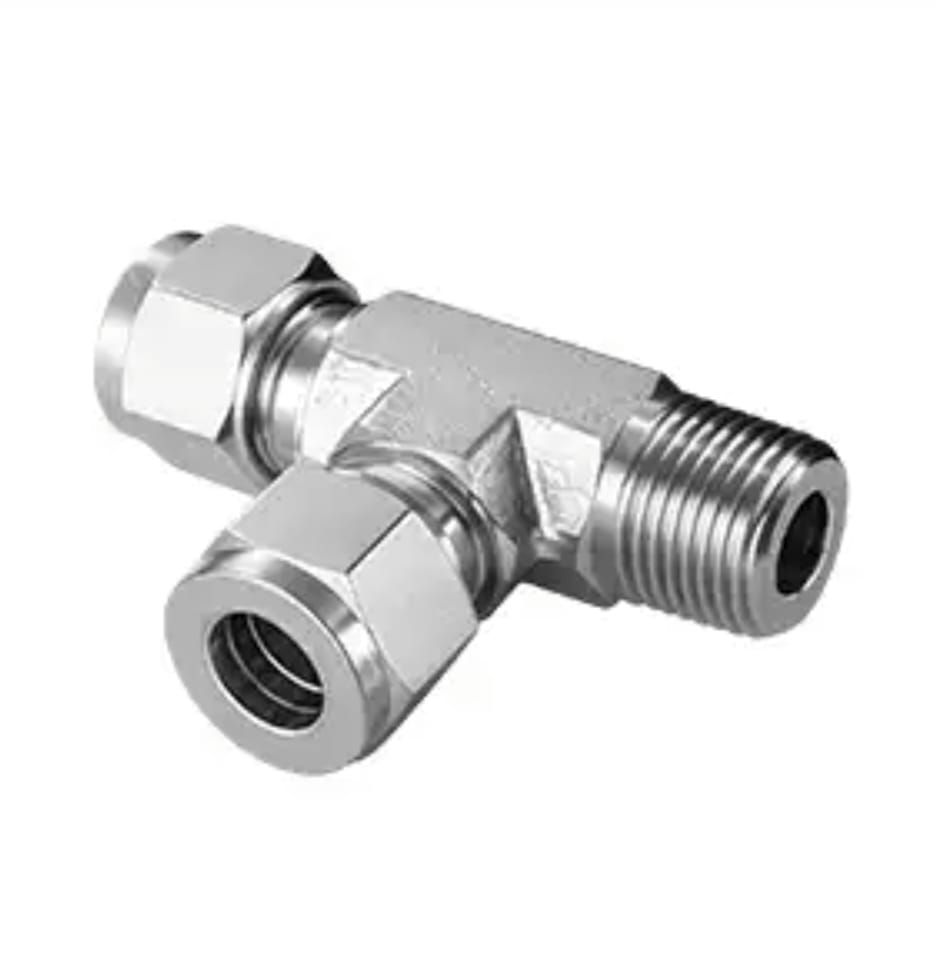 Stainless steel T-shaped tube fitting with threaded end