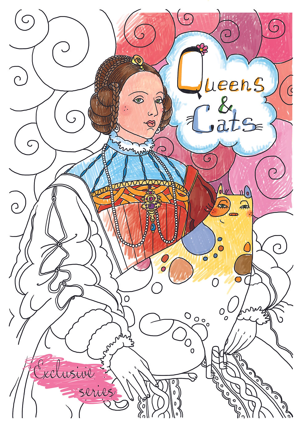 Thumbnail: Queens and Cats - coloring pages