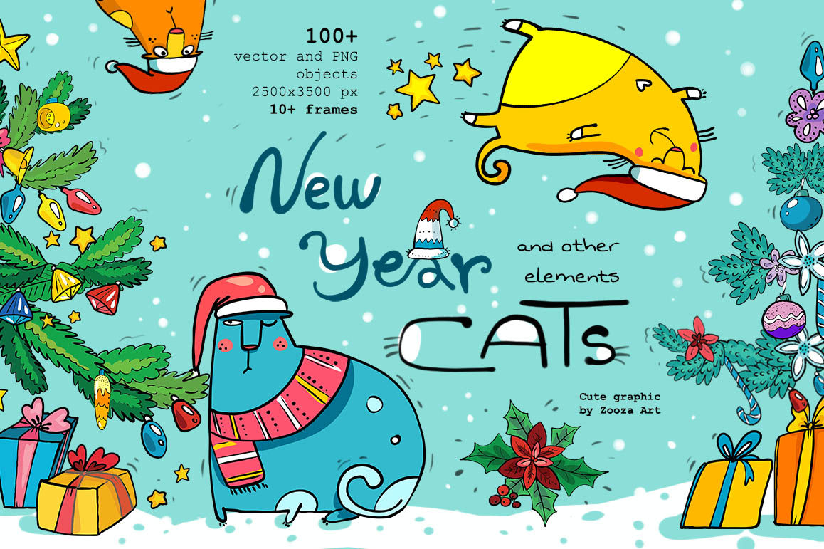 New Year Cats - 100+elements. illustrations