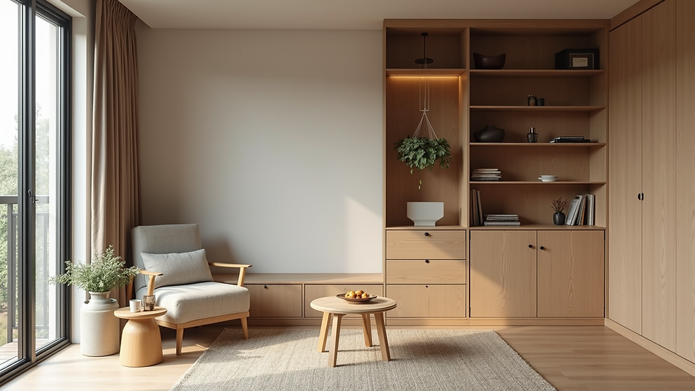 High angle view of a compact living area with built-in storage and foldable furniture