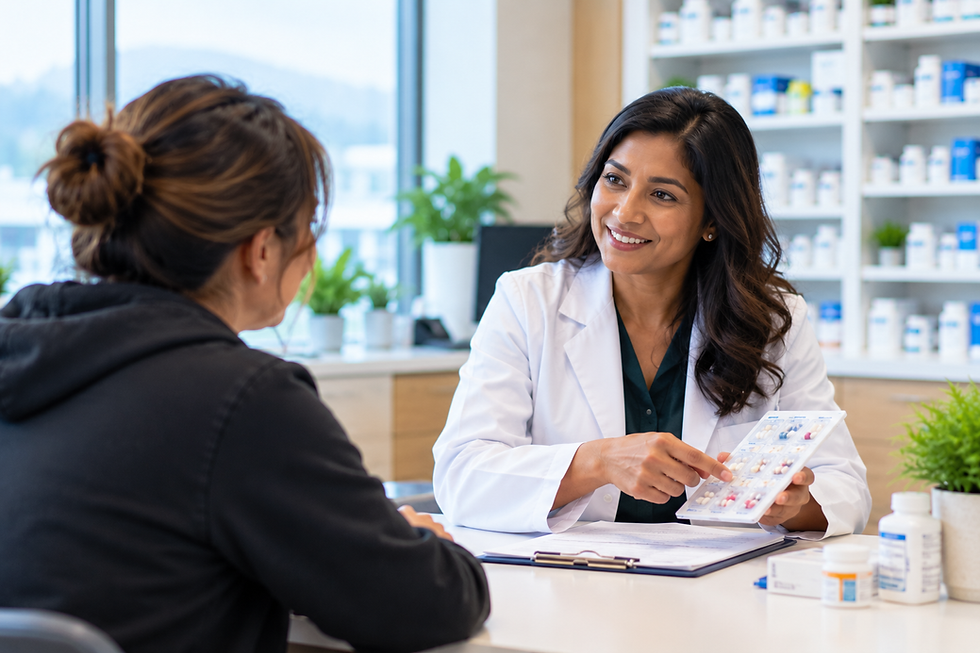 ValleyCare pharmacist reviewing medication packaging with a patient to support coordinated community care.