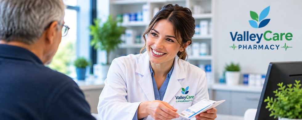 ValleyCare pharmacist speaking with a patient at a community pharmacy in Chilliwack.
