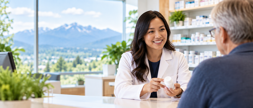 Pharmacist reviewing medications with a patient at ValleyCare Pharmacy.