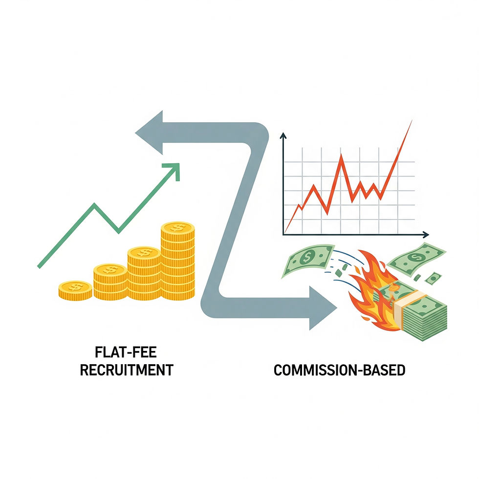 Image showing a comparison between flat fee and commission-based hiring and explaining how commission-based is more expensive.