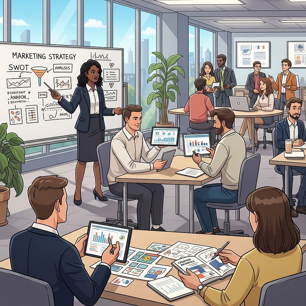 A vibrant office scene where multiple candidates are being interviewed for marketing roles, with a woman presenting a marketing strategy on a whiteboard, and others discussing data on laptops and tablets, emphasizing skill-based hiring.