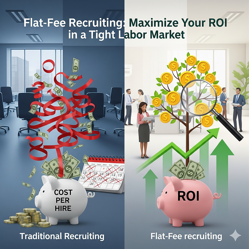 Split image: left shows money wasted with "Cost Per Hire" piggy bank; right shows money grown with "ROI" piggy bank.