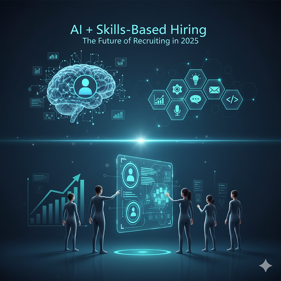 A sleek, futuristic image showing a human hand and an AI arm working together. The hand holds a magnifying glass, while the AI arm, represented by a glowing network of lines and nodes, points to a series of skill-based icons