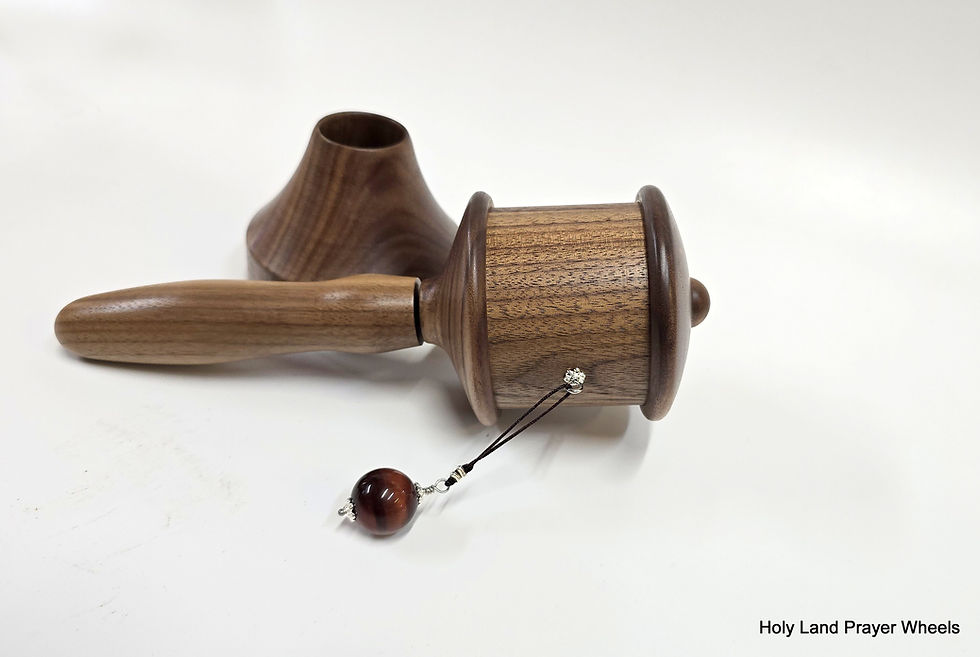 HEGR prayer wheel Walnut with stand side view