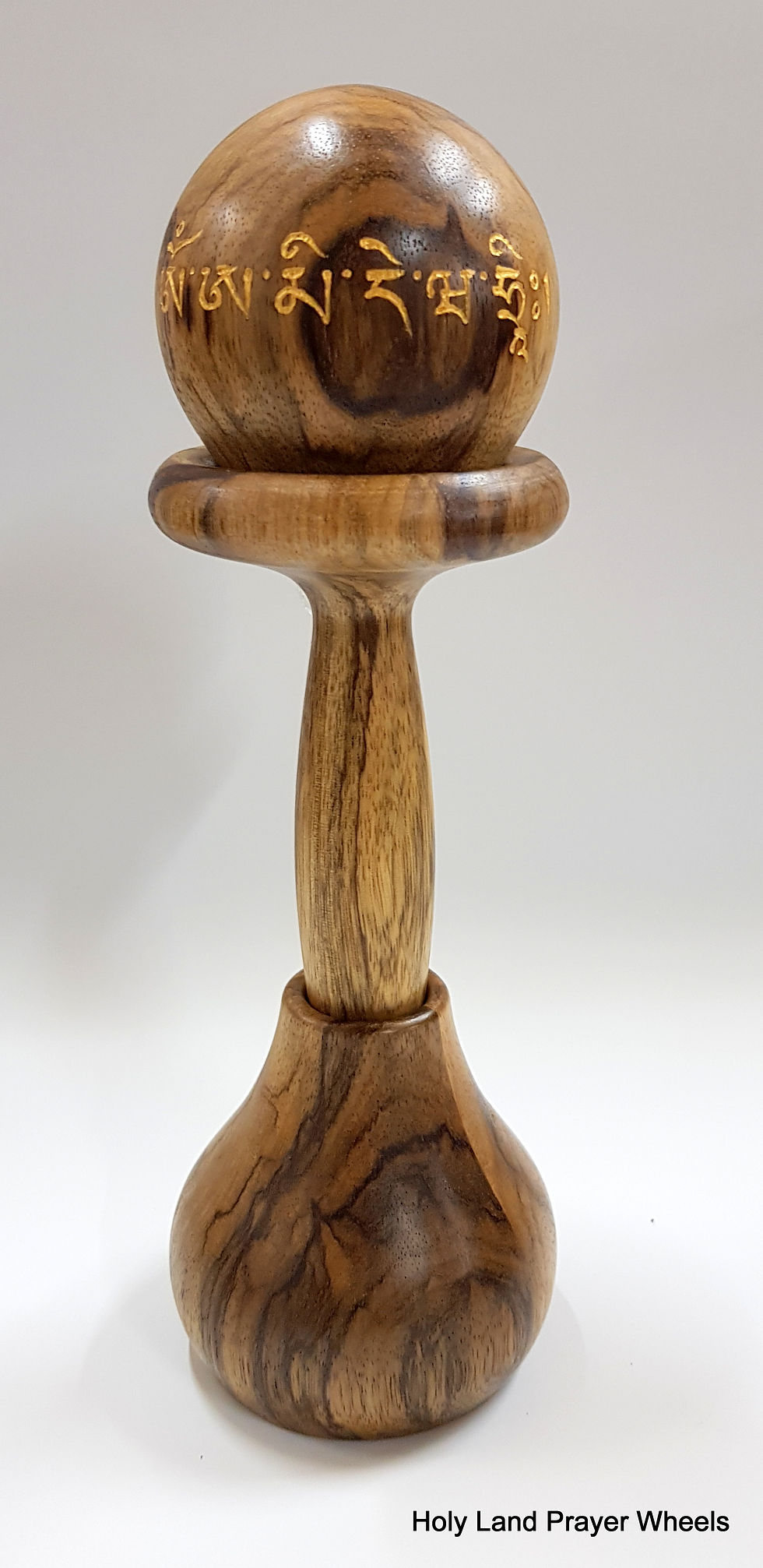 Thumbnail: A small size spherical design Amitabha mantra prayer wheel made from African Walnut with matching stand