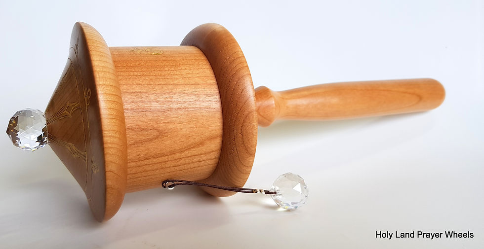 Thumbnail: Amitabha large  classic design prayer wheel made from Cherry hardwood side view
