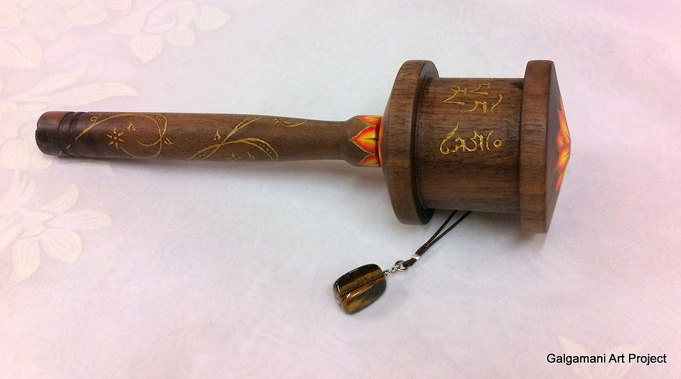 Thumbnail: small size hand held 10 million Mani mantra Tibetan prayer wheel made from Walnut hardwood side veiw