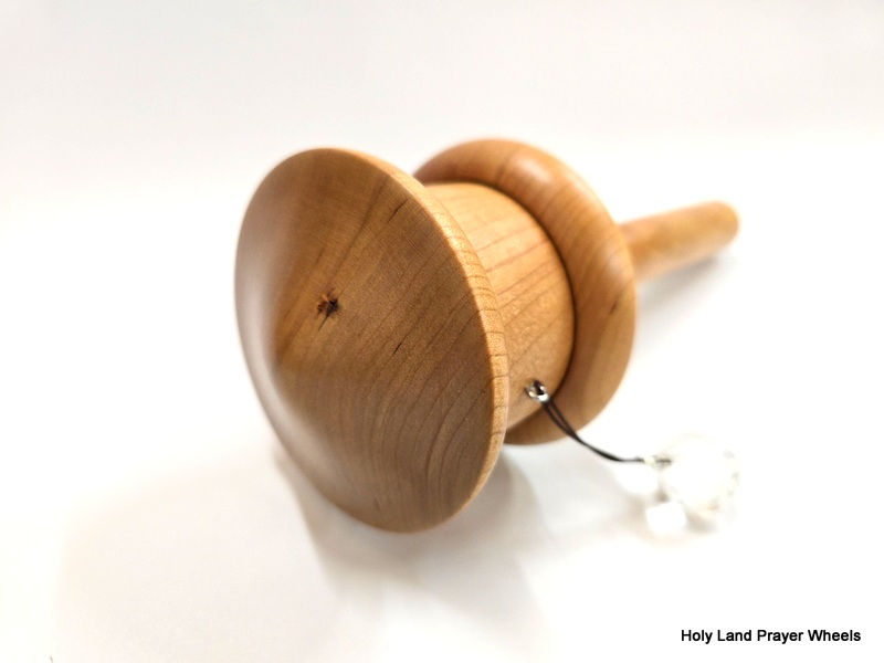 Thumbnail: classic design prayer wheel made from Cherry hardwood with 20 billion Mani mantras printed with nano tech film top view