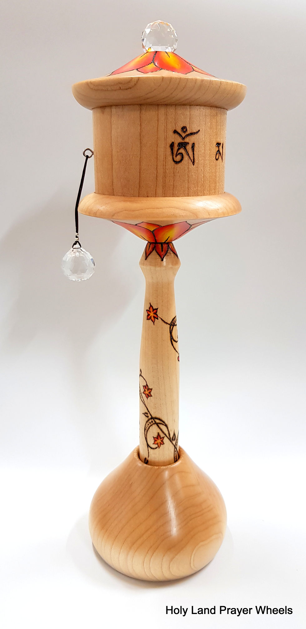 Thumbnail: large size hand held 100 million Mani mantra Tibetan prayer wheel made from Maple hardwood with matching stand