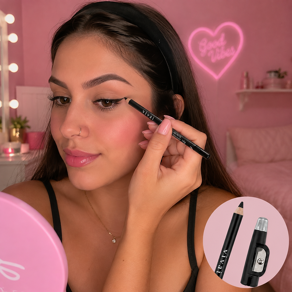 Mulher jovem aplicando lápis preto nos olhos em um quarto rosa, com destaque para o produto Vivai