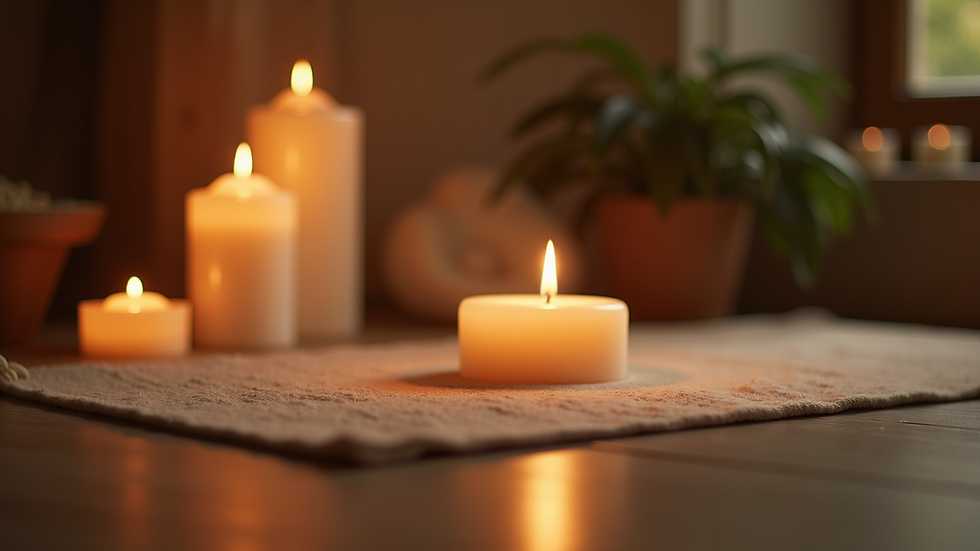 Close-up view of a serene meditation space with candles and soft lighting