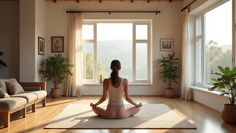 Wide angle view of a serene home yoga setup