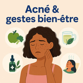 illustration d'une femme avec de l'acné entourée de gestes bien-être à faire