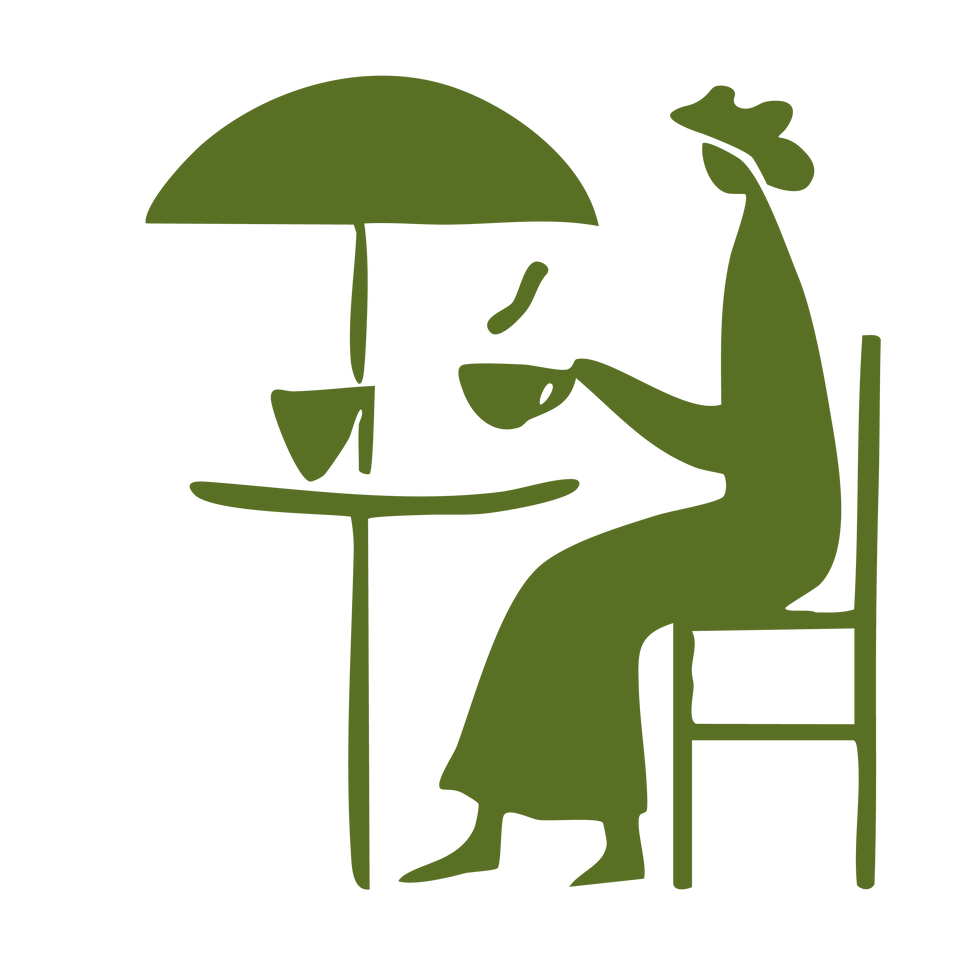 illustration de la marque Wonder Wo où une femme est assise à une table avec un parasol ouvert et elle boit une boisson chaude