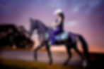 equine photography, wartrace tennessee. Horse photographer. Jessie Arras Photography. Tennessee Walking horse photographer. cowgirl photography. Shelbyville TN equine photographer. A person in a cowboy hat rides a dark horse at sunset. The horse has a blue patterned saddle. The background sky is purple and orange.