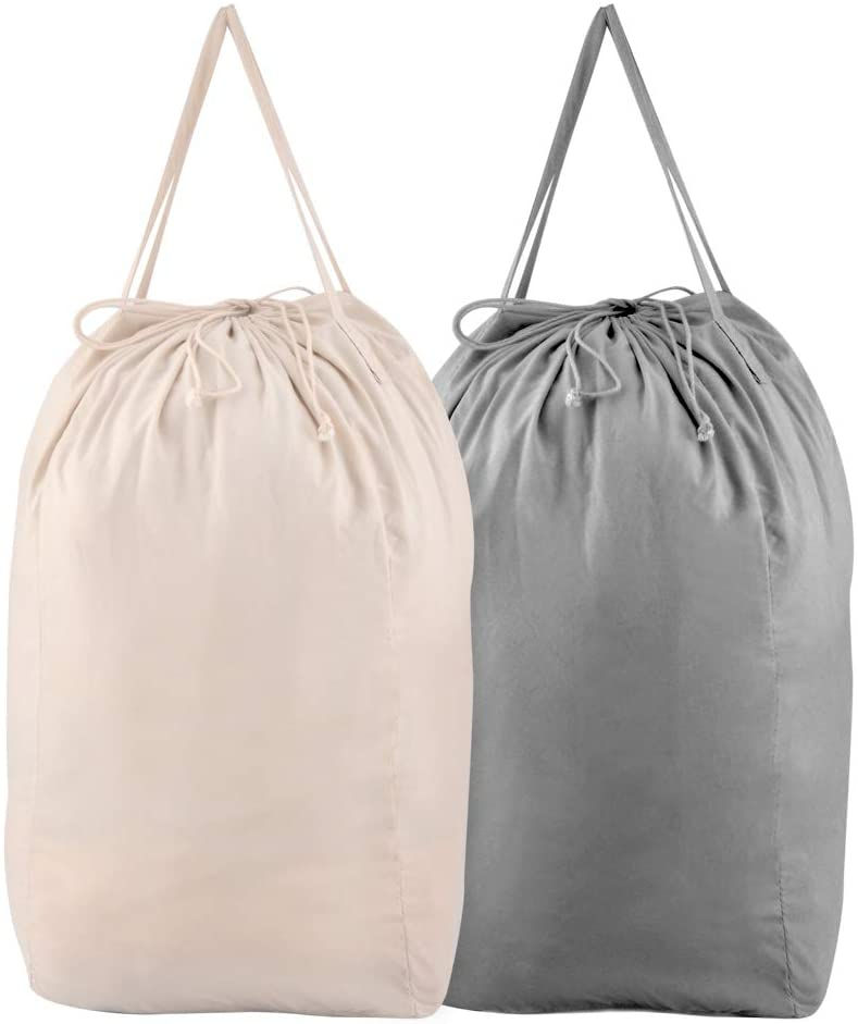 Grey and cream travel laundry bags with drawstring