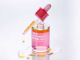 Korean skincare retinal serum — PURITO TXA 6 Niacinamide 10 Retinal Serum pink dropper bottle, K2C