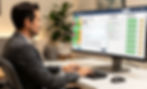 Behavioral health clinician reviewing AI coding validation on dual monitors