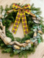 Festive wreath with yellow plaid bow, shells and sea glass, Cornish Christmas Wreaths.