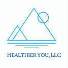 Healthier You, LLC logo featuring blue mountains, water, and the moon—symbolizing resilience, calm, and harmony w/ nature..