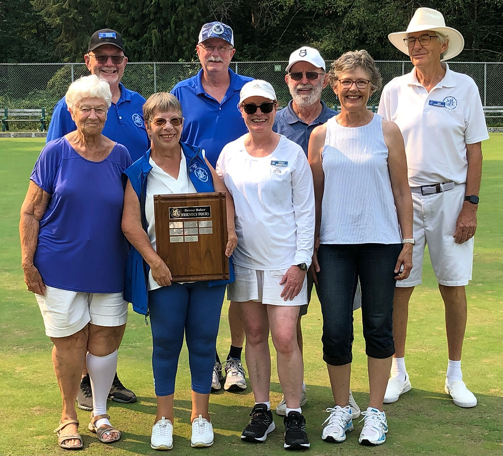 Betty Locke, Chuck Cooke, Cindy Lee, Jim Froese, Janet Doskotch, Jim Irvine, Virginia Day, and Ian Hammocks. First and second place teams together.