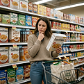 woman at grocery store calculating prices