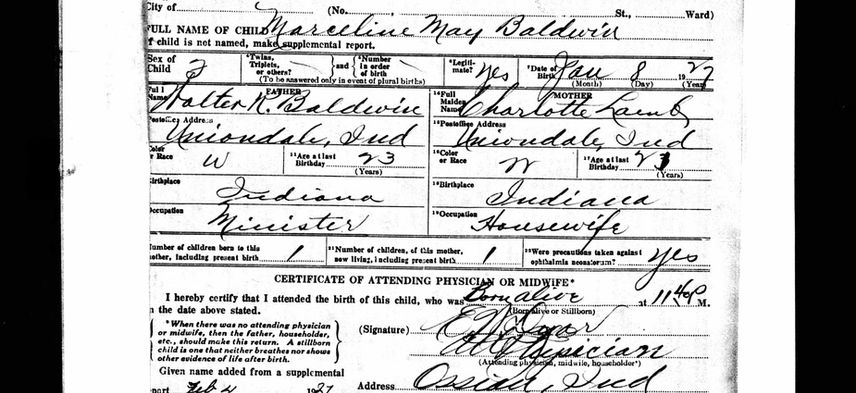 1927 Marceline Baldwin Birth Certificate