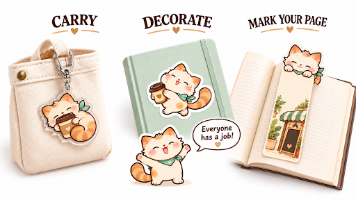 Café cat keychain clipped to a bag, sticker decorating a journal, and bookmark marking a page.