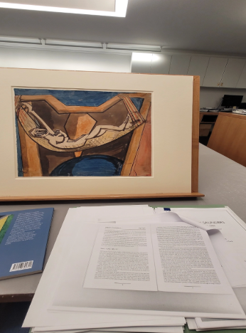 Photo of the writer, essay research with Helene Saunders print, drawing room, Somerset House, The Courtauld Institute of Arts.