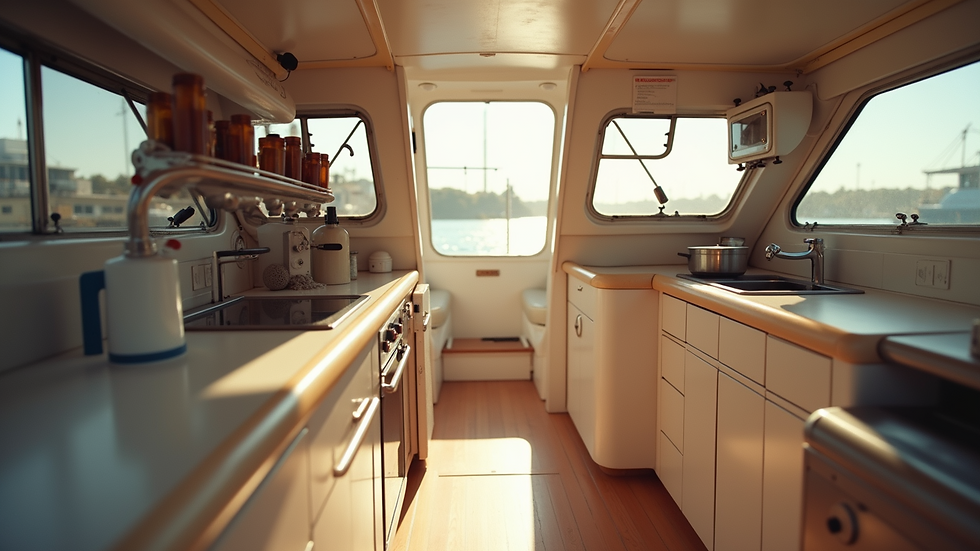 Eye-level view of a clean and organized boat interior with sunlight streaming in