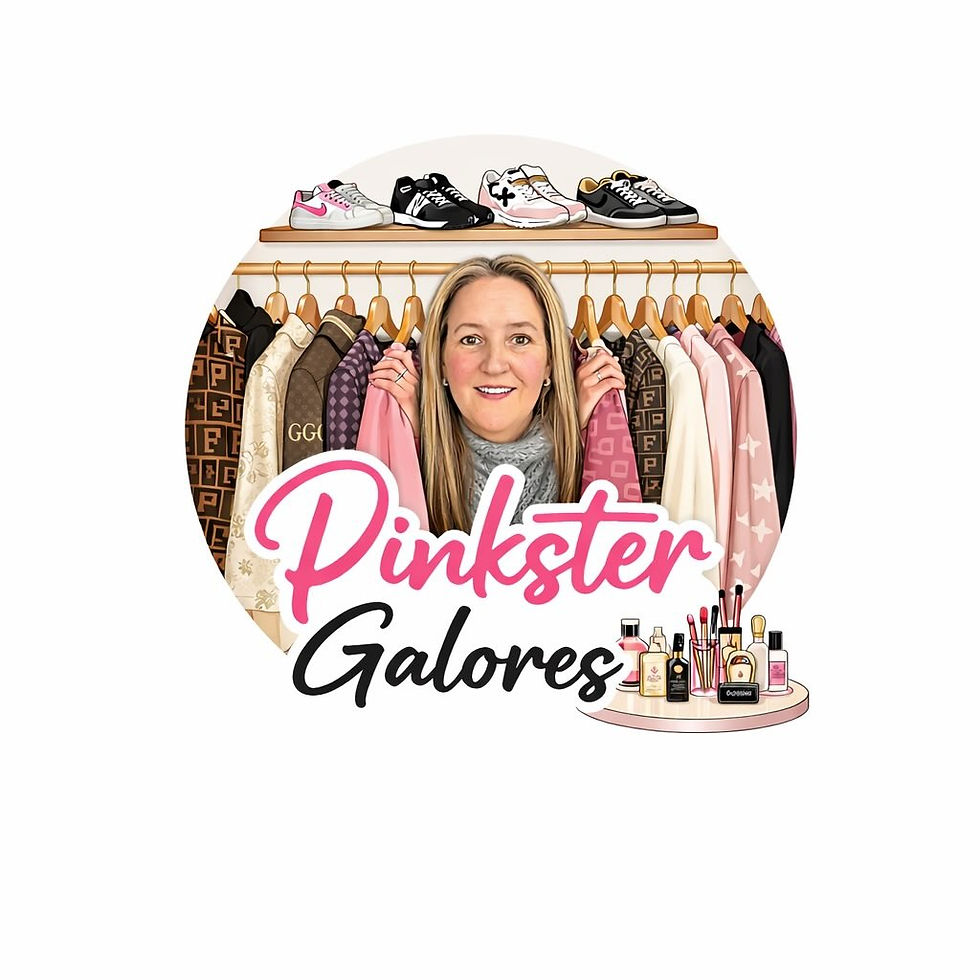 Pinkster Galores logo with woman, clothing, shoes, and beauty products