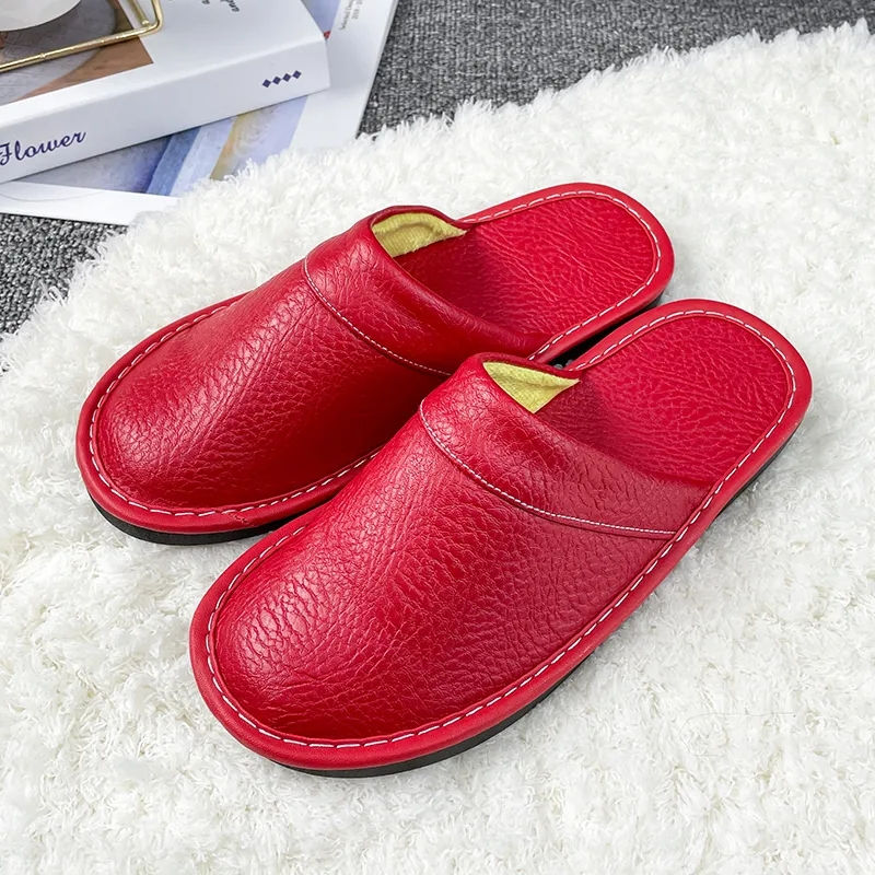 Thumbnail: Plus Big Size 47 48 Unisex Genuine Leather Slippers Waterproof Indoor House Bran