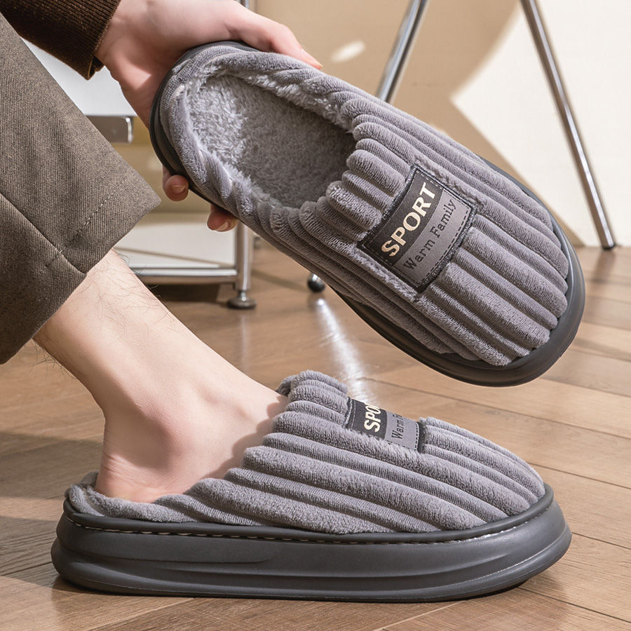 Thumbnail: Pmoiste Soft Flannel House Slippers Men Strip Upper Designer Warm Cushion Memory