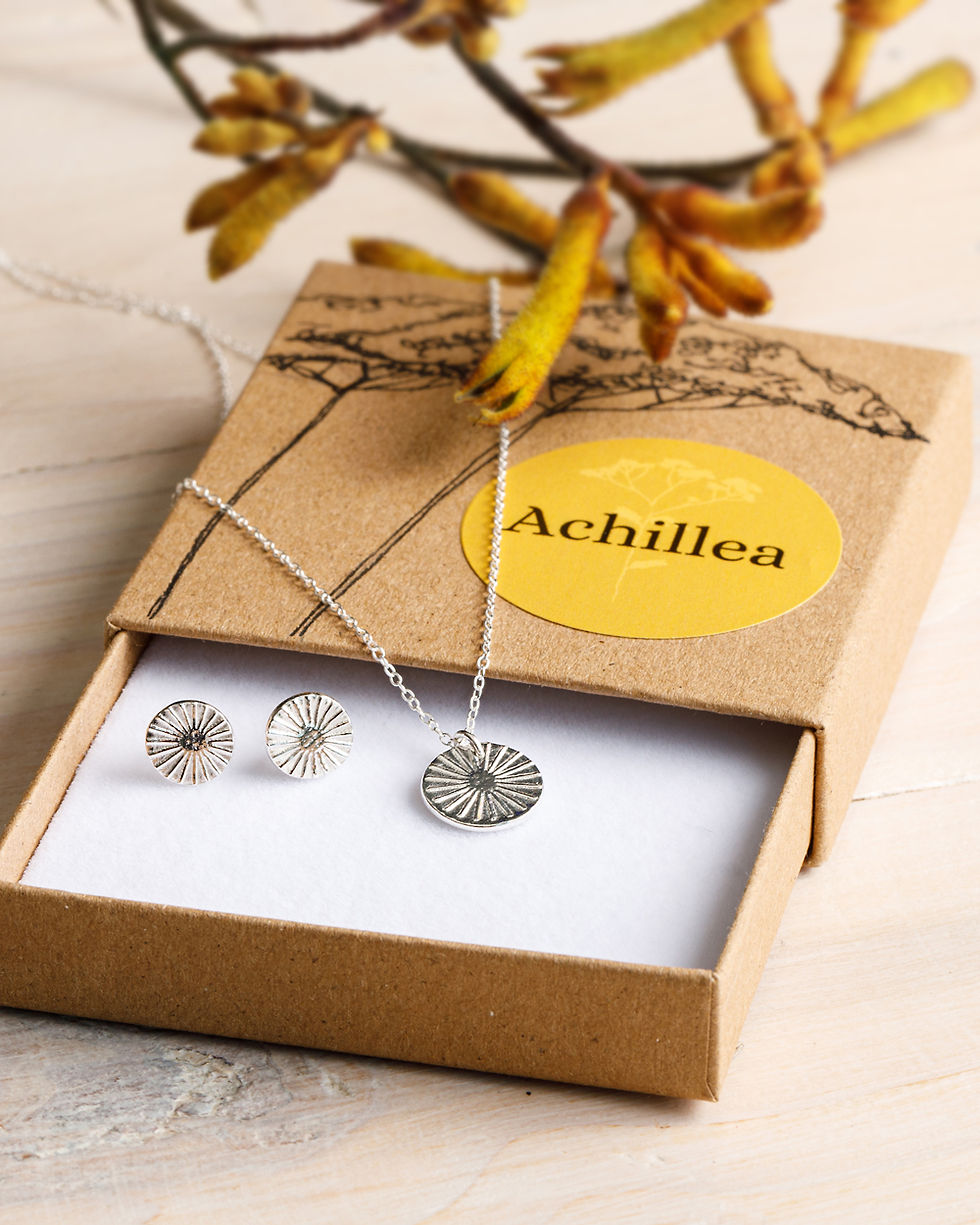 A set of fine silver earrings and necklace with matching Sunray deign at the centre. Presented in a simple, Achillea Jewellery gift box.