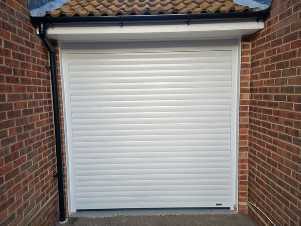 A small white garage door