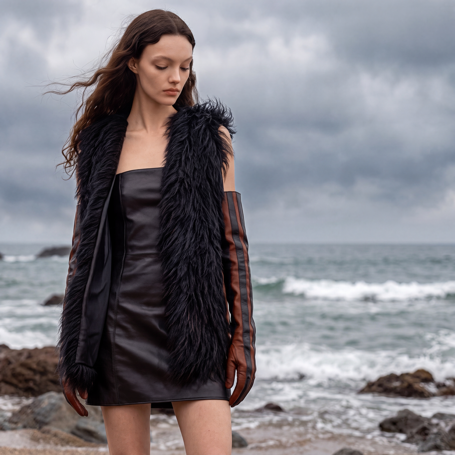 Model by the ocean styling a black Mongolian fur leather vest with a leather dress and long two-tone gloves.