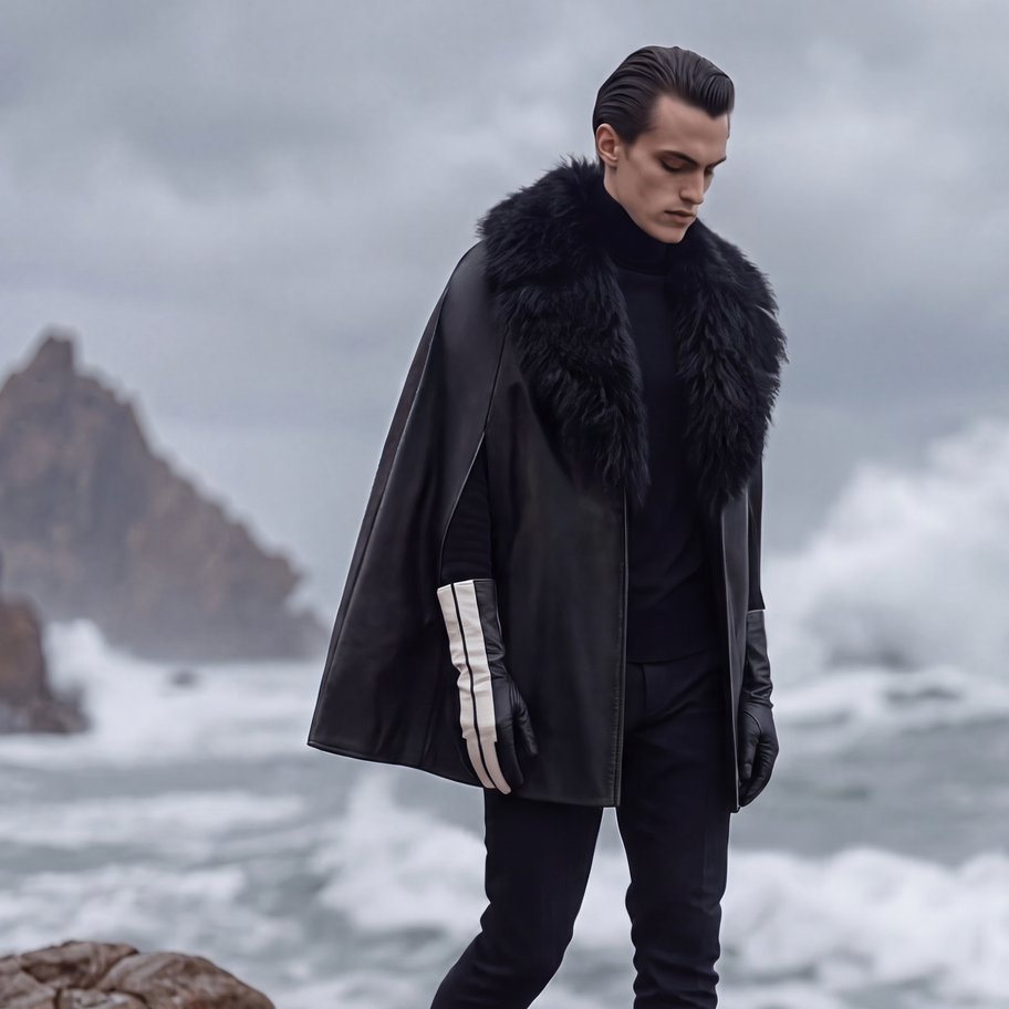Model looking down wearing a black leather cape with Mongolian fur collar & stripe gloves.