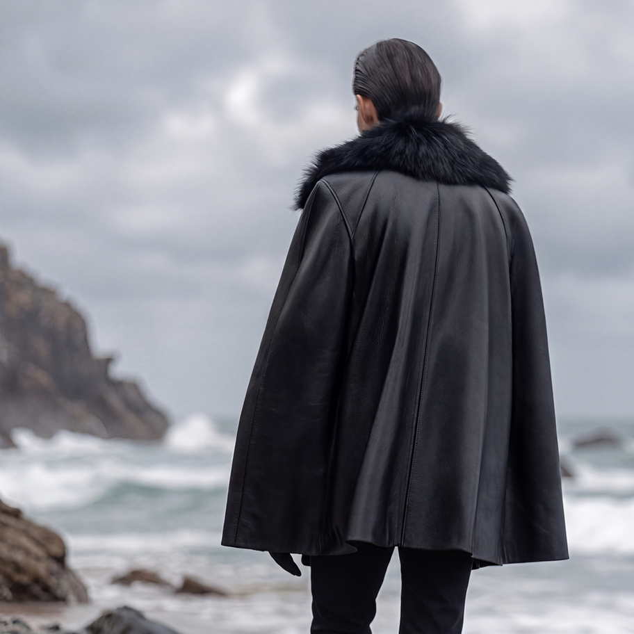 Three-quarter back view of men's black calfskin leather & Mongolian fur cape by the sea.